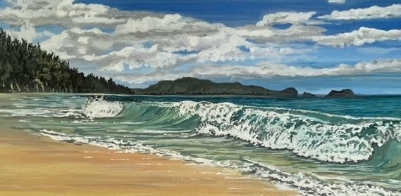 Waves of One Sea - Laniakea by Angela Palacios shows a beautiful beach with waves crashing on the sand with the mountains and cloud filled skys.