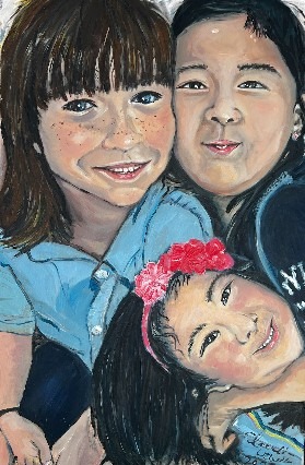 Painting of three young Thai children. Girls.