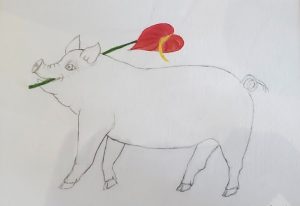 side view of a boar with an anthurium in its mouth